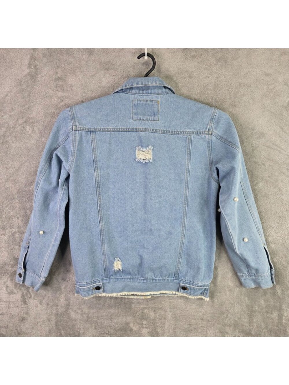 Womens Between Us Pearl Embellished Distressed Blue Denim Jacket 100% Cotton M - Picture 6 of 9